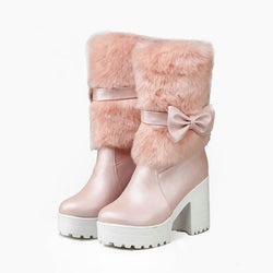 Furry Pink Bow Boots - 4 - ankle boots, baby pink, booties, chunky heels, faux fur