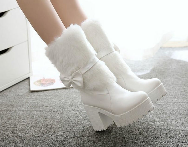 Furry Pink Bow Boots - ankle boots, baby pink, booties, chunky heels, faux fur