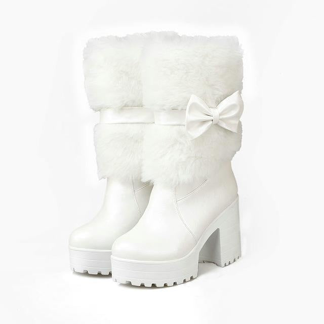Furry Pink Bow Boots - White / 4 - ankle boots, baby pink, booties, chunky heels, faux fur