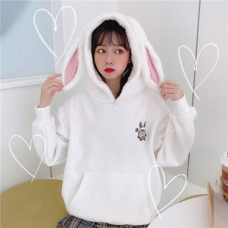 Fuzzy Bunny Ear Hoodie - sweater