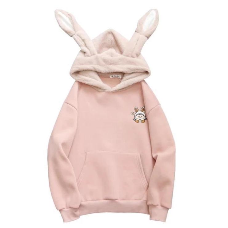Fuzzy Bunny Ear Hoodie - sweater