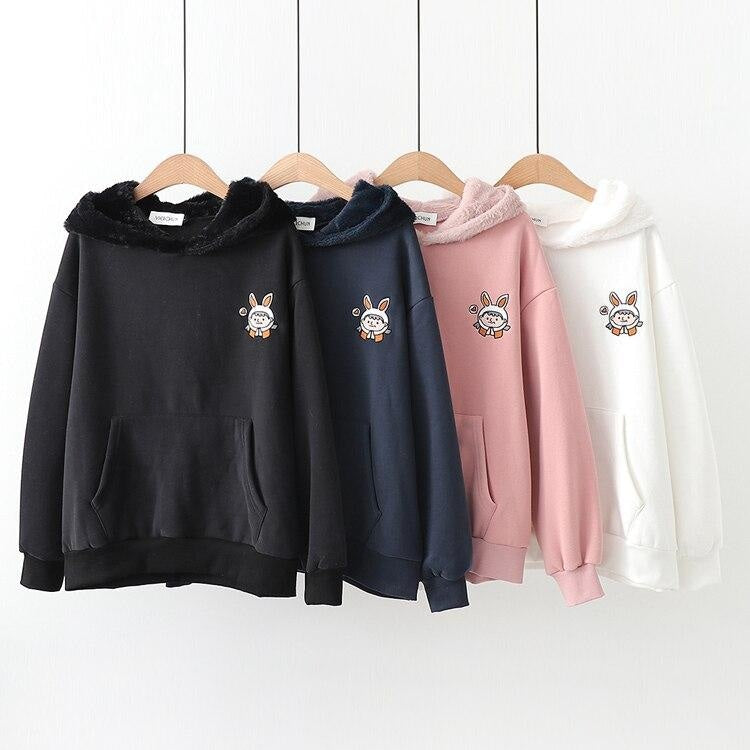 Fuzzy Bunny Ear Hoodie - sweater
