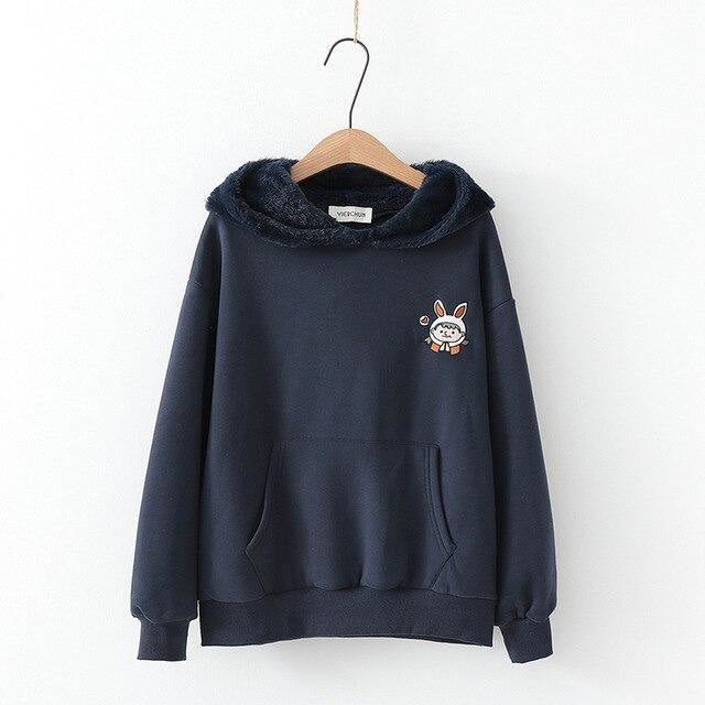Fuzzy Bunny Ear Hoodie - Navy Blue - sweater