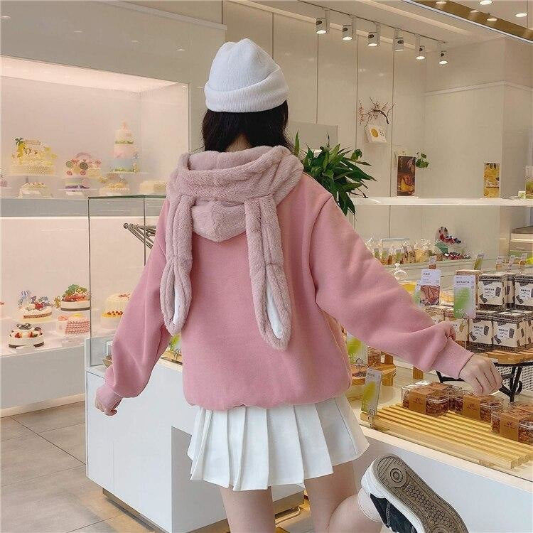 Fuzzy Bunny Ear Hoodie - Pink - sweater