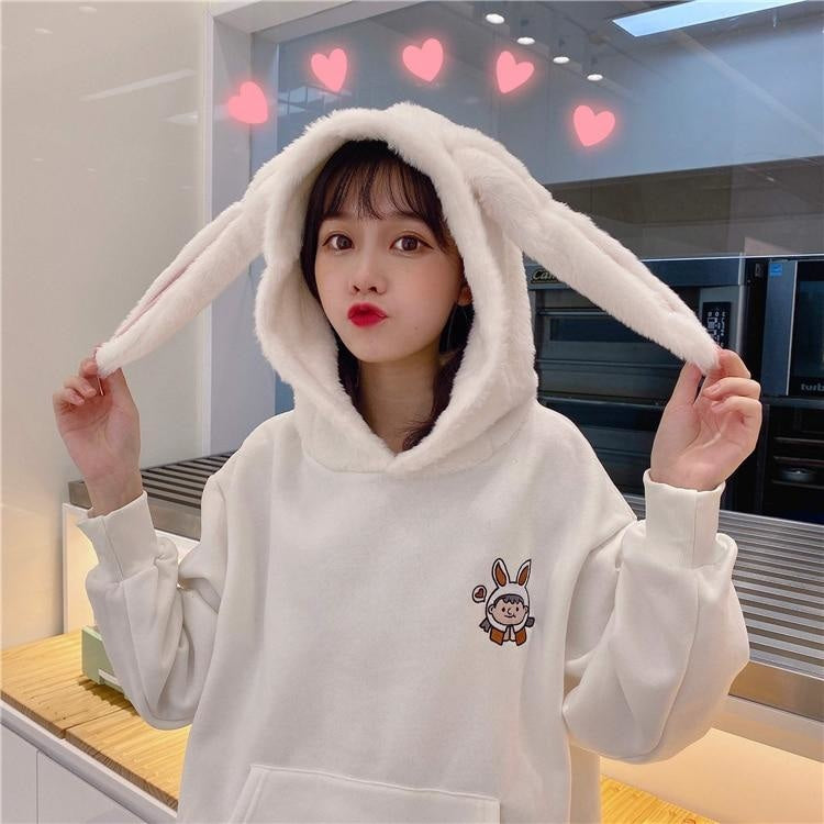Fuzzy Bunny Ear Hoodie - White - sweater
