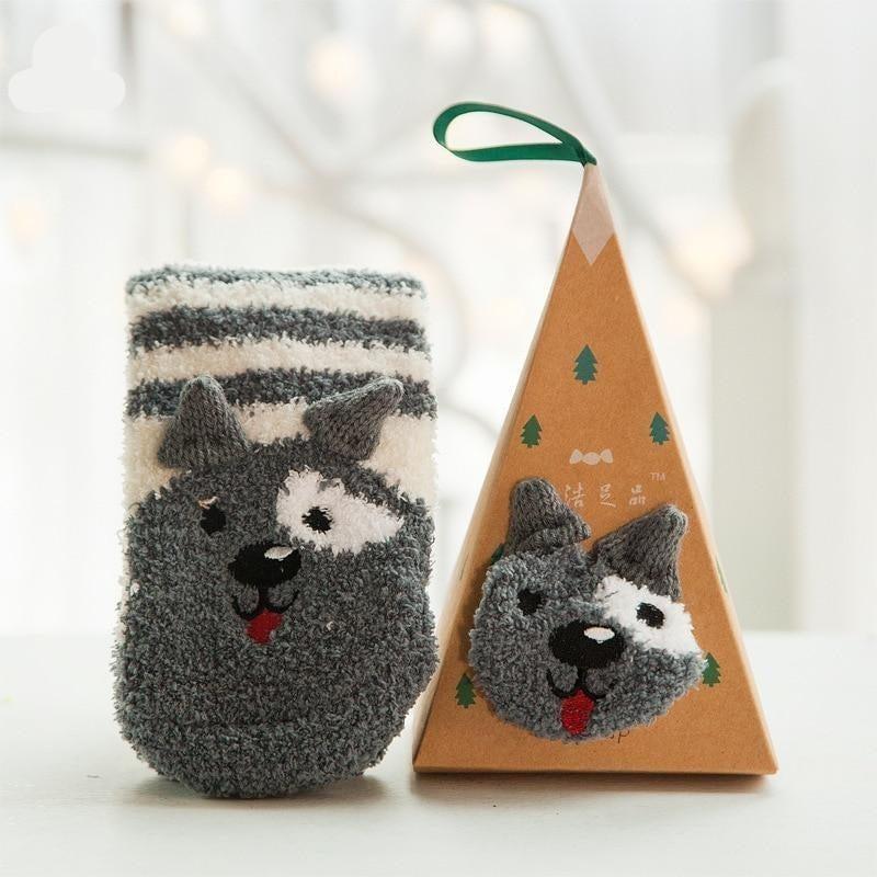 Fuzzy Holiday Animal Socks - Grey Puppy - abdl, adult babies, baby, baby diaper lover, age play