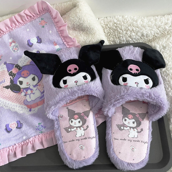 Fuzzy Kuromi Slippers - baby bunny, bunnies, bunny rabbit, shoes, cinnamoroll