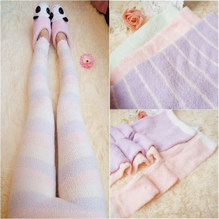 Fuzzy Pastel Long John Leggings - Purple & Pink Striped - leggings