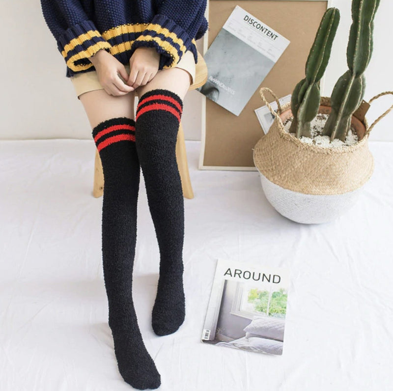 Fuzzy Striped Thigh Highs - Black Red School Girl - socks