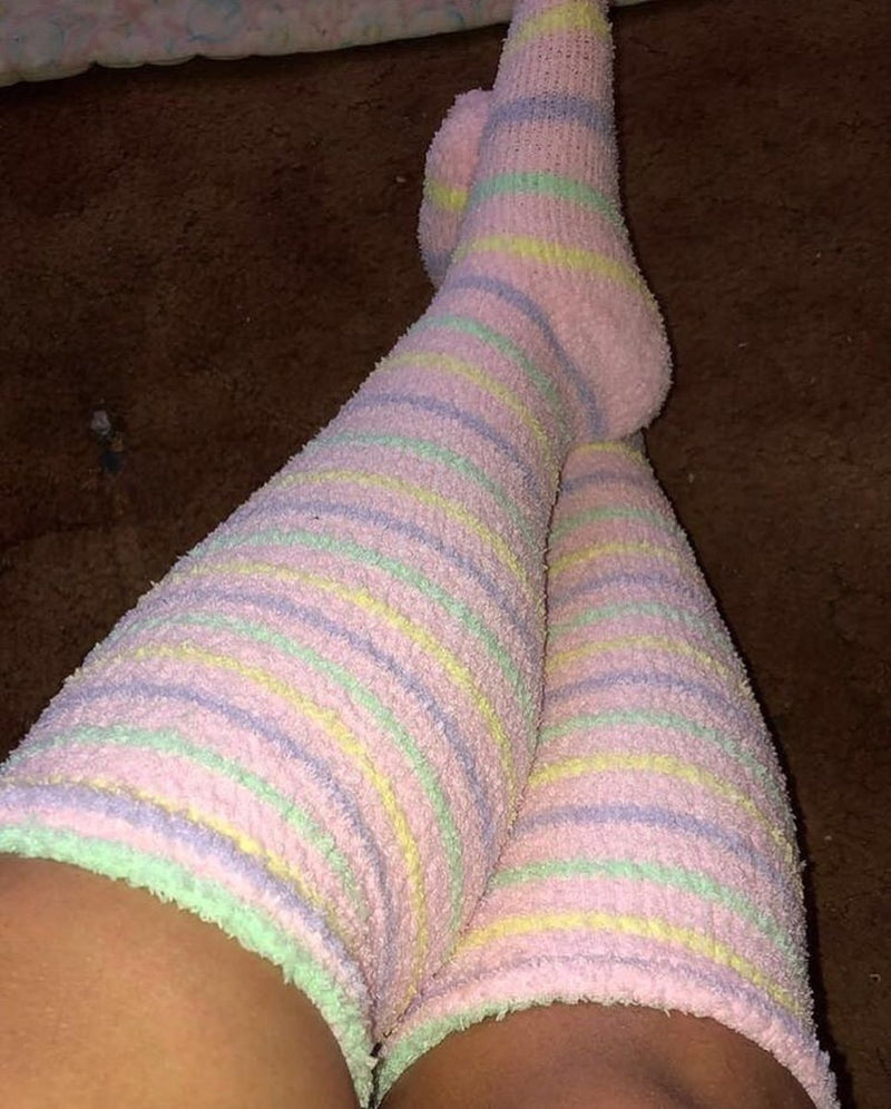 Fuzzy Striped Thigh Highs - socks