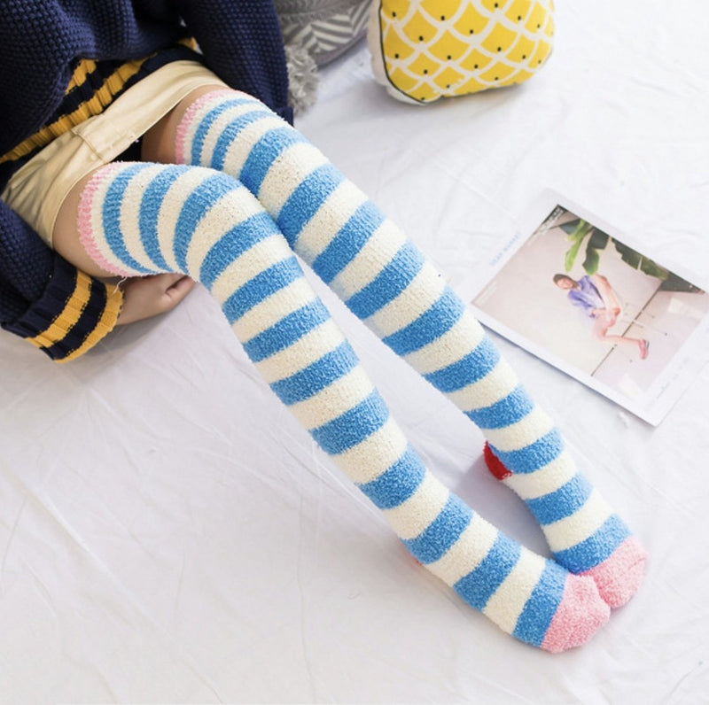 Fuzzy Striped Thigh Highs - Light Blue Striped - socks