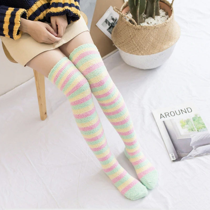 Fuzzy Striped Thigh Highs - Pastel Rainbow - socks