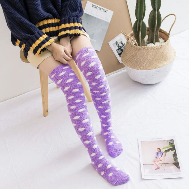 Fuzzy Striped Thigh Highs - Purple Clouds - socks