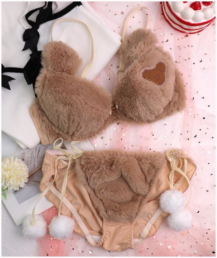 Fuzzy Teddy Bear Lingerie Set - Brown / XL - bear, bear ears, lingerie, bra, bralette