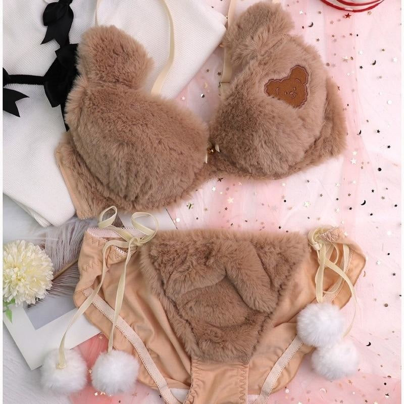 Furry Fuzzy Brown Teddy Bear Lingerie Set Bra Panties DDLG Playground