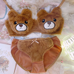 Fuzzy Teddy Lingerie Set - Brown Face / M - bra and panties, bralette, bras, brasier, fuzzy