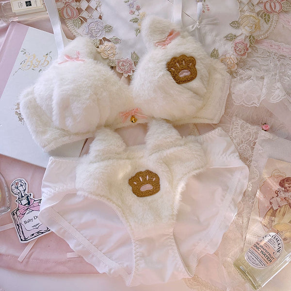 Fuzzy Teddy Lingerie Set - White Paw / L - bra and panties, bralette, bras, brasier, fuzzy