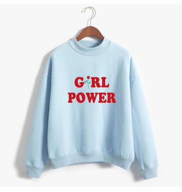Blue Girl Power Crewneck Sweater Sweatshirt Red Rose Pullover Long Sleeve Feminism Feminist 