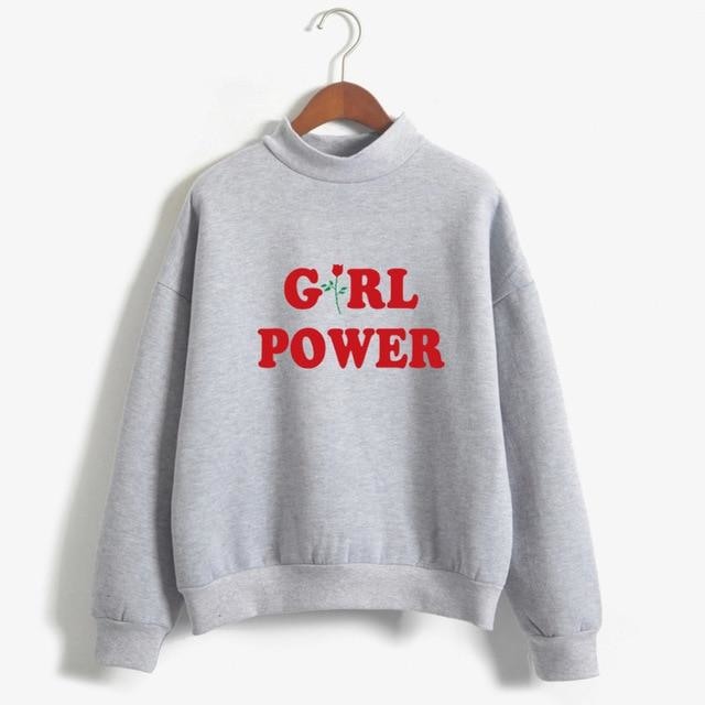 Grey Girl Power Crewneck Sweater Sweatshirt Red Rose Pullover Long Sleeve Feminism Feminist 