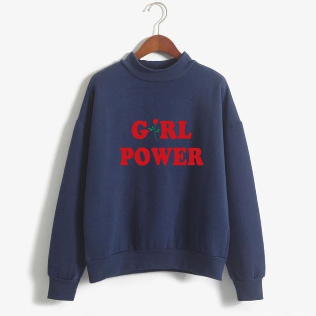 Navy Girl Power Crewneck Sweater Sweatshirt Red Rose Pullover Long Sleeve Feminism Feminist 
