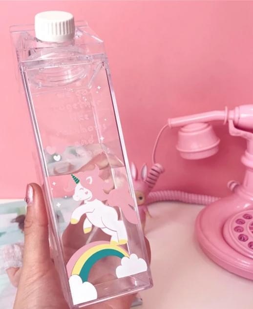 Glass Milk Carton Bottle - Rainbow Unicorn - cup