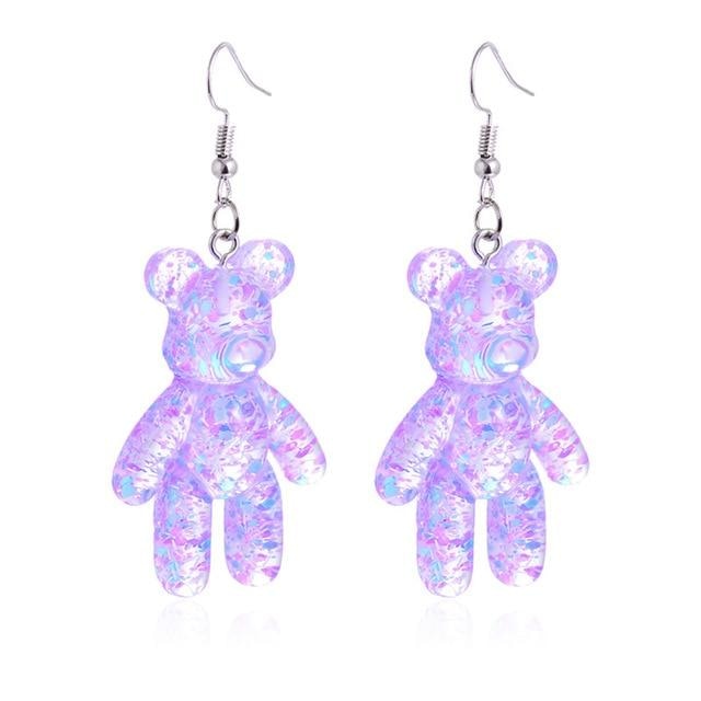 Purple Glitter Resin Bear Dangle Earrings Shimmer Fairy Kei Decora Japan Fashion Kawaii Jewelry