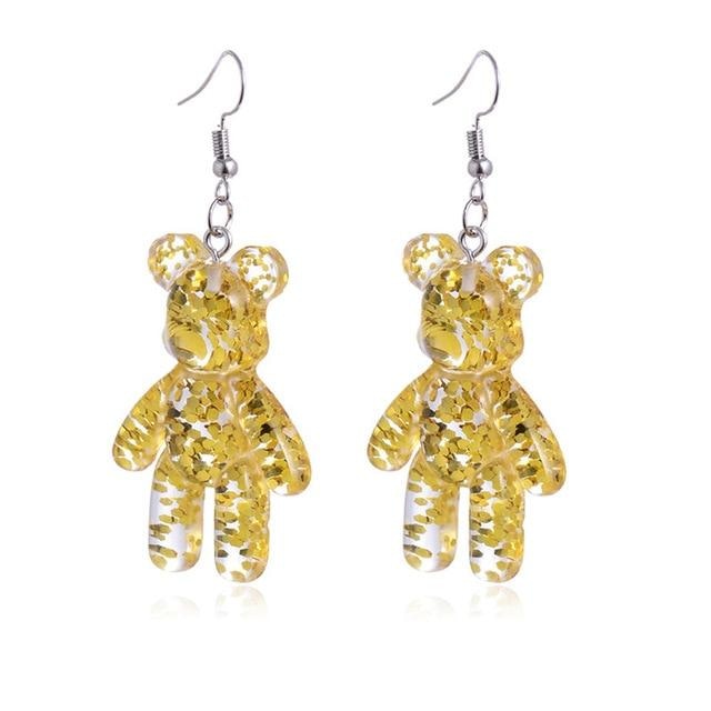 Yellow Gold Glitter Resin Bear Dangle Earrings Shimmer Fairy Kei Decora Japan Fashion Kawaii Jewelry