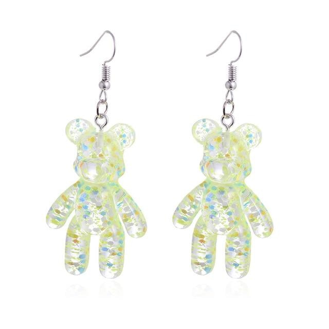 Green Glitter Resin Bear Dangle Earrings Shimmer Fairy Kei Decora Japan Fashion Kawaii Jewelry