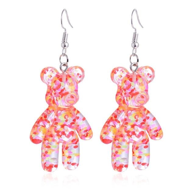 Red Glitter Resin Bear Dangle Earrings Shimmer Fairy Kei Decora Japan Fashion Kawaii Jewelry