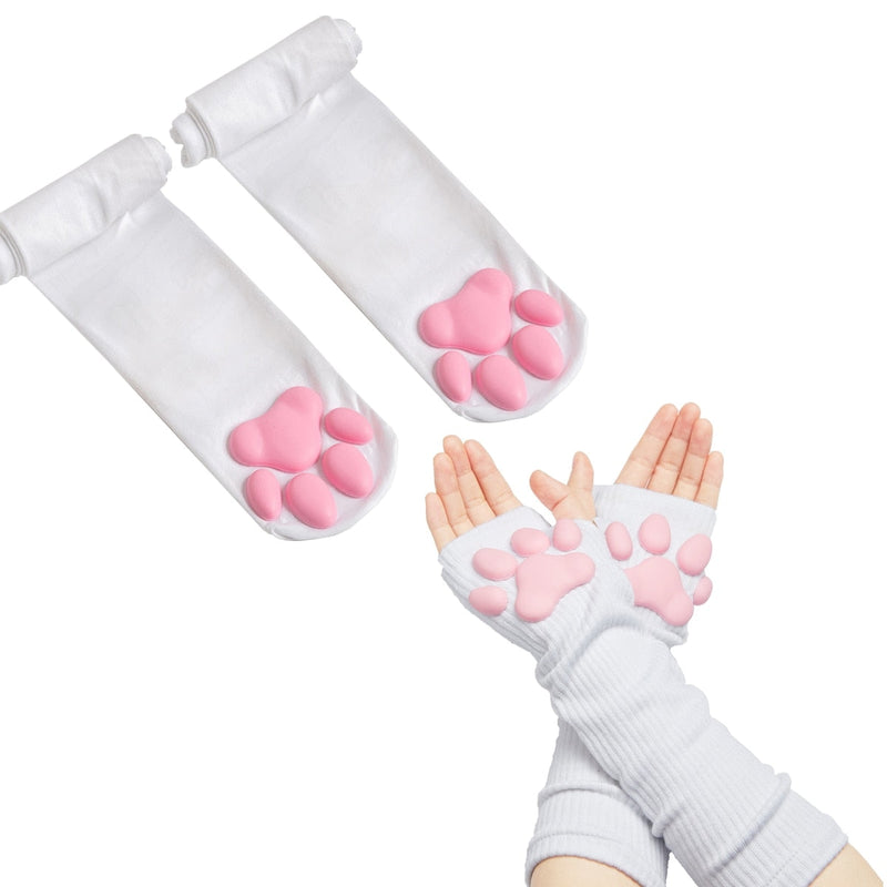 3D Paw Pad Gloves - Long White & Socks - gloves, mittens, paw, paw pad, prints