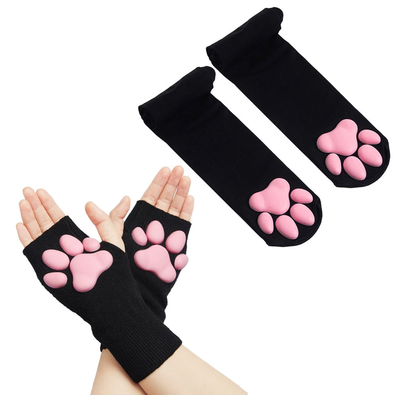 3D Paw Pad Gloves - Short Black & Socks - gloves, mittens, paw, paw pad, prints
