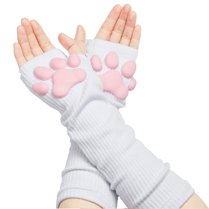 3D Paw Pad Gloves - White Long - gloves, mittens, paw, paw pad, prints