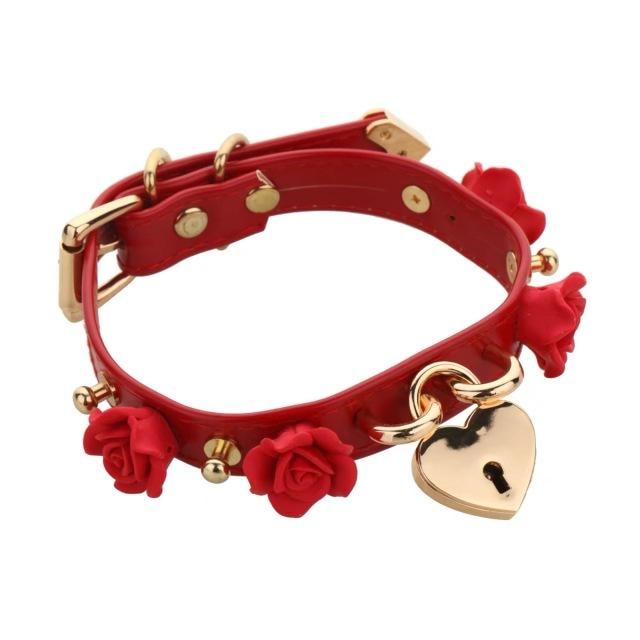Red Kawaii Flower Floral Heart Gold Locket Choker Collar Lock n Key Petplay Kink