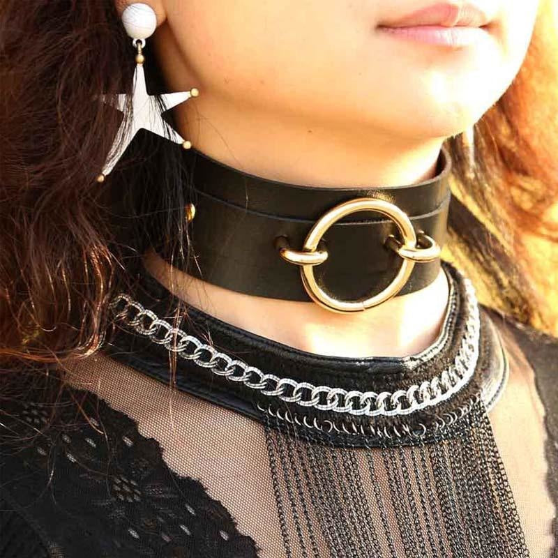 Vegan Leather O Ring Gold Collar Choker Necklace Petplay BDSM Kink Fetish Gear