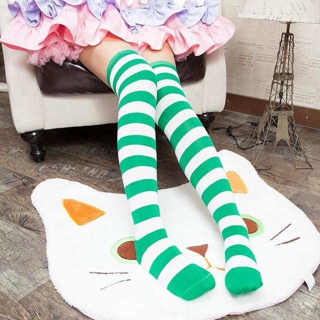 Green White Thigh Highs - socks