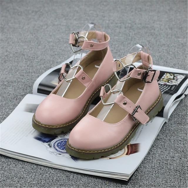 Heart Buckle Wedge Shoes - Pink / 4 - Shoes