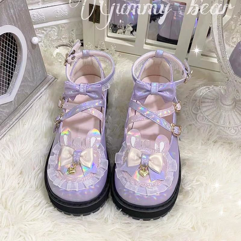 Holographic Bunny Lolita Flats - Purple / 5 - bear ears, shoes, bunny cotton candy