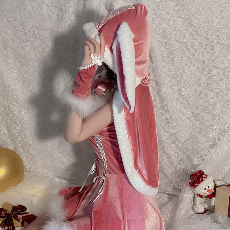 Hooded Pink Christmas Bunny Set - bunny dress, ears, rabbit, costumes, dress