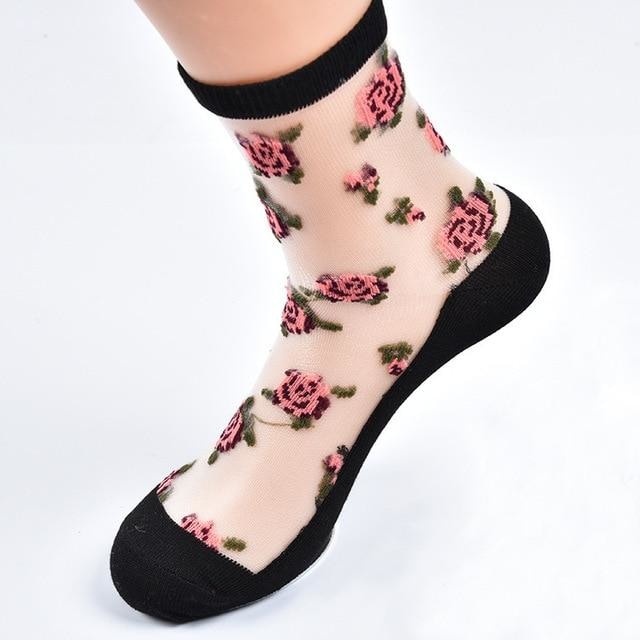 Transparent Clear Nylon Flower Socks Ankle Stockings Floral Roses Invisible