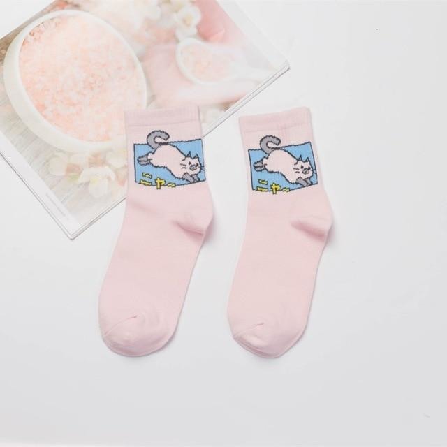 Japanese Dino Socks - Pink Cat - socks
