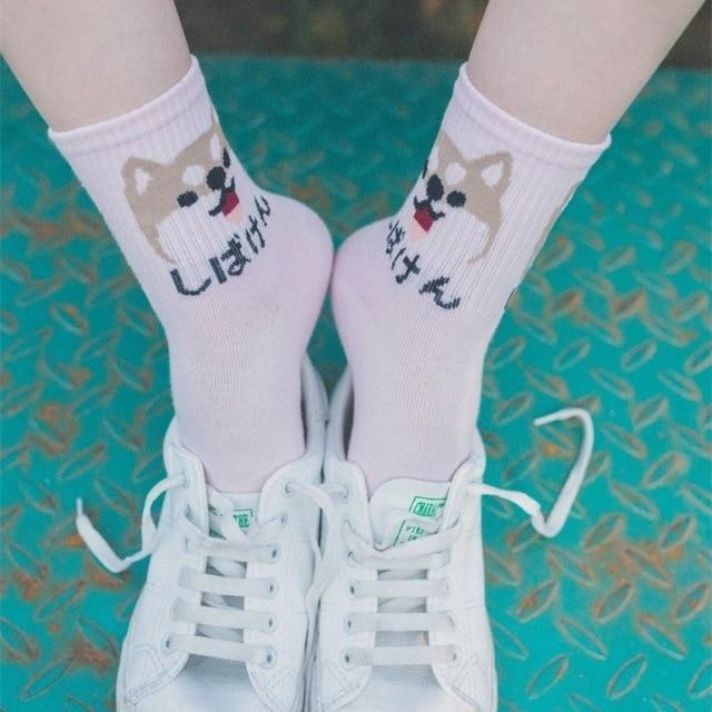 Japanese Dino Socks - Pink Dog - socks