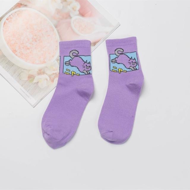 Japanese Dino Socks - Purple Cat - socks