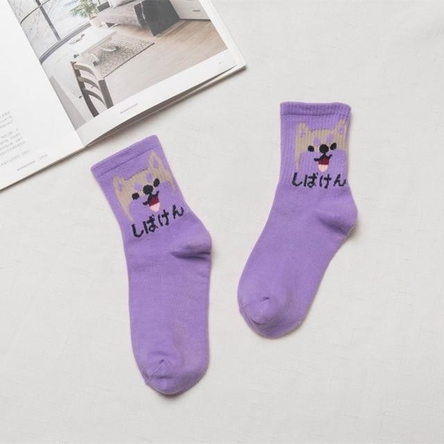 Japanese Dino Socks - Purple Dog - socks