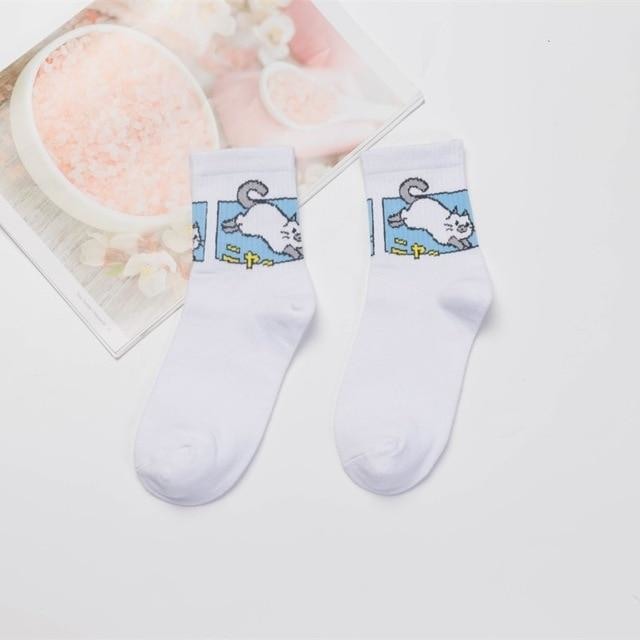 Japanese Dino Socks - White Cat - socks