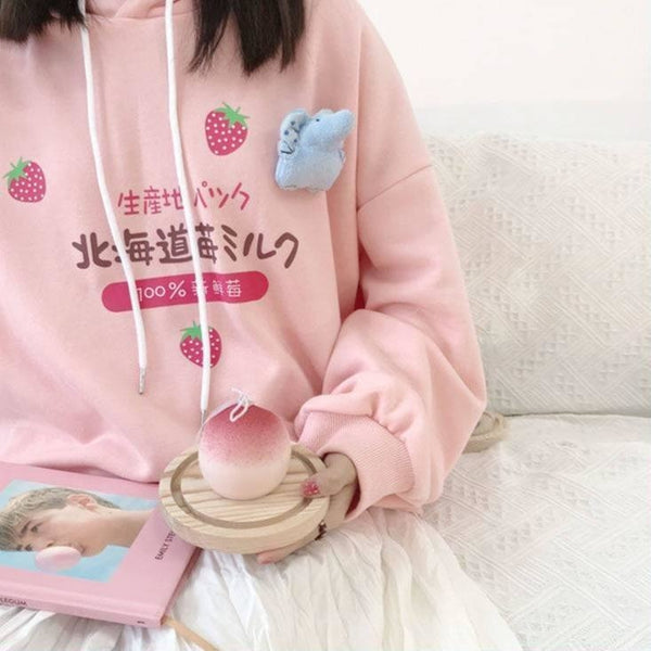 Japanese Strawberry Hoodie - Pink / M - berries, berry, harajuku, hooded, hoodie