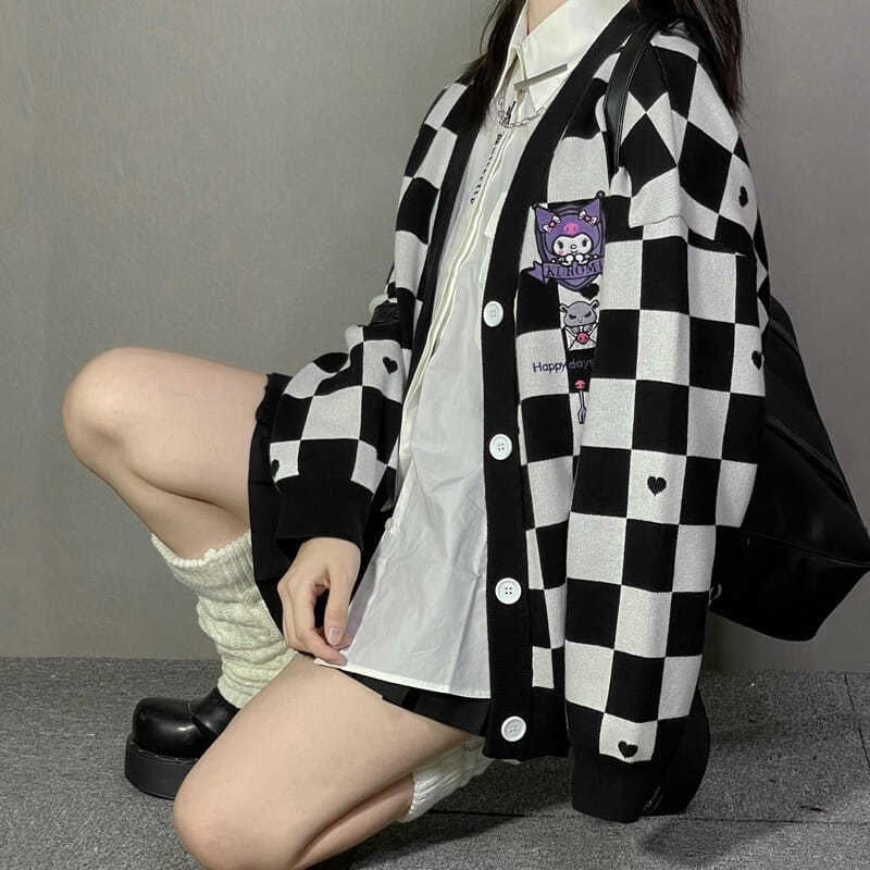 Kawaii Checkered Cardigan - M / Black - brown, bunnies, bunny, cardigan, cardigans
