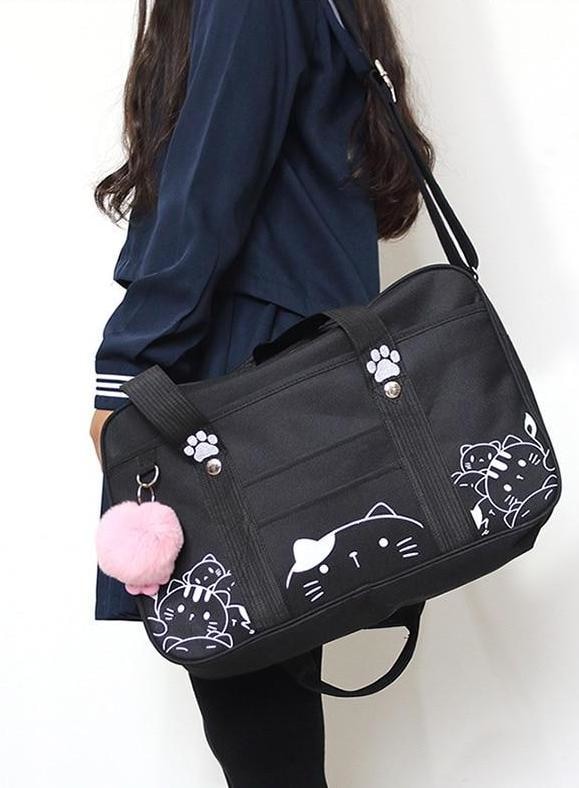 Black Kawaii Kitty Cat Duffle Bag Purse Handbag Messenger Tote