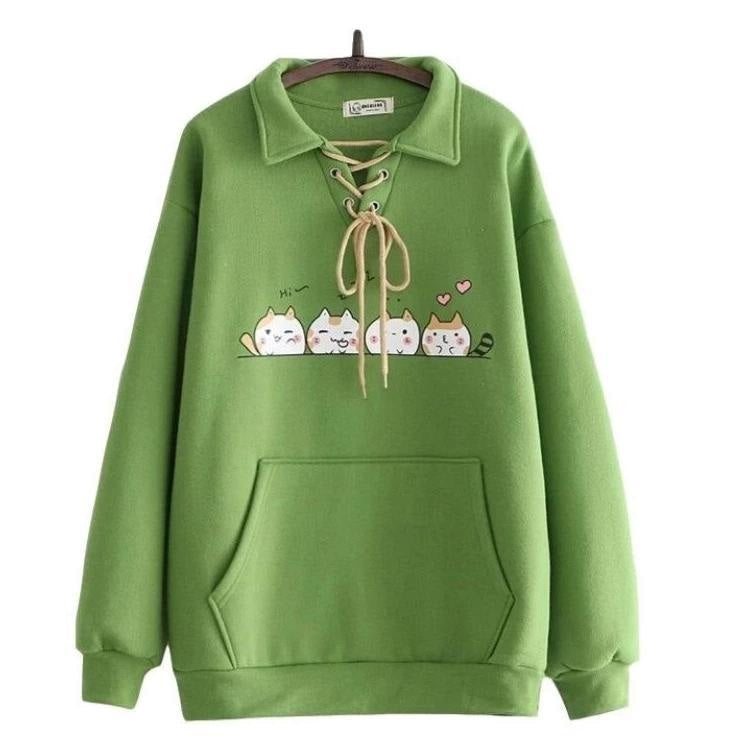 Kitten Line Up Sweater - Green - sweater
