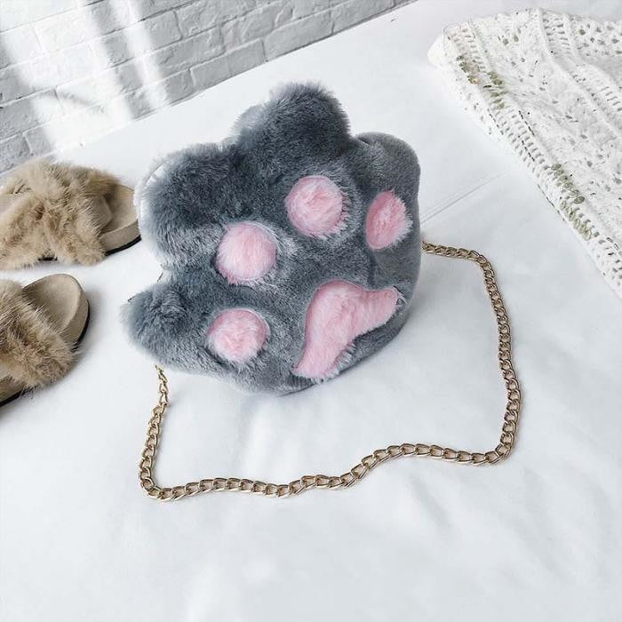 Kitty Cat Paw Purse Handbag Messenger Bag Fuzzy Furry Vegan Fur Soft Kawaii Fashion