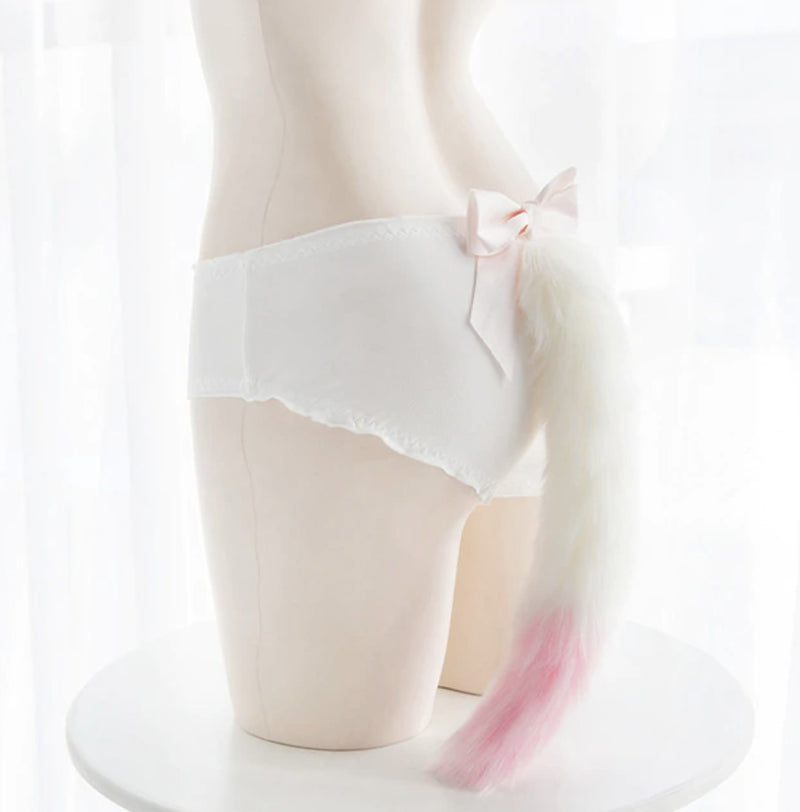 Kitten Tail Open Crotch Panties - White With Pink Tip - underwear